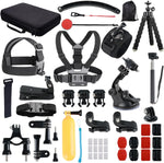 YHTSPORT universal action camera accessories kit front view showing fifty pieces laid out neatly.