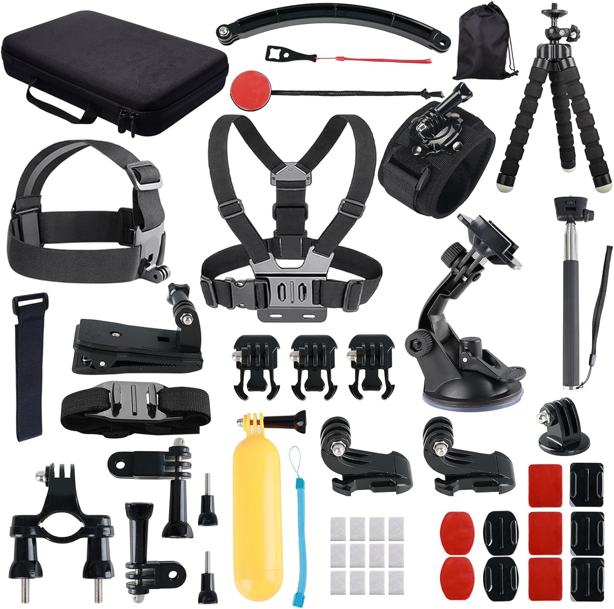 YHTSPORT universal action camera accessories kit front view showing fifty pieces laid out neatly.