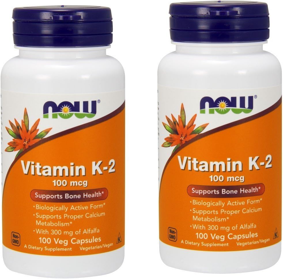 NOW Foods Vitamin K2 100 Micrograms 100 Vegetarian Capsules front view bottle for bone health support