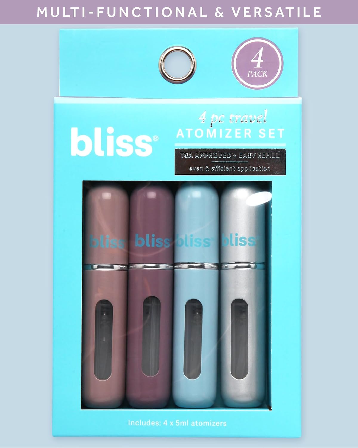 A single multicolor mini spray bottle showing its sleek and pocket-friendly dimensions.
