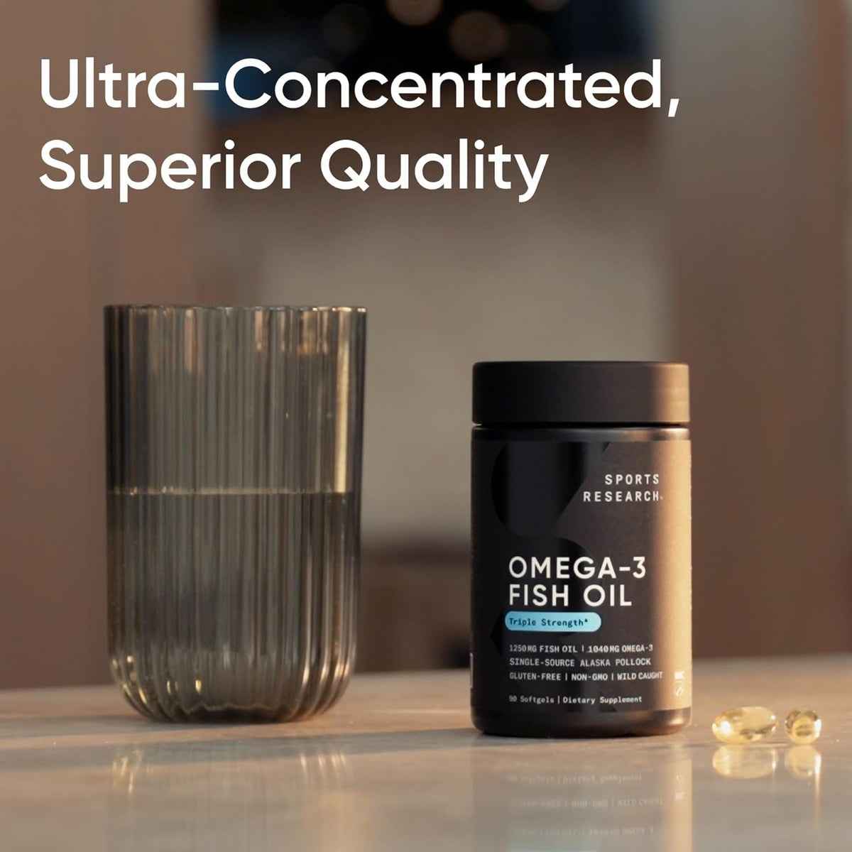 Sports Research Triple Strength Omega 3 Fish Oil softgels and nutritional facts panel.