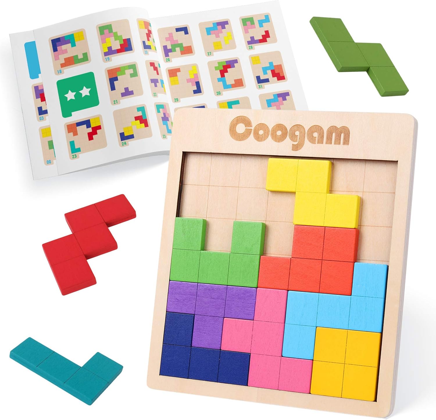 Coogam wooden puzzle pattern blocks front view showing colorful geometric brain teaser pieces inside the frame.