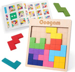 Coogam wooden puzzle pattern blocks front view showing colorful geometric brain teaser pieces inside the frame.