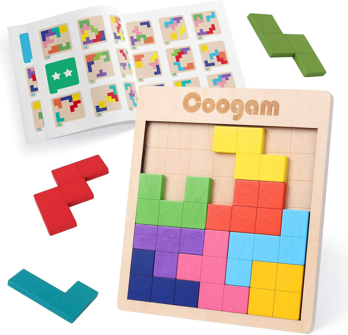 Coogam wooden puzzle pattern blocks front view showing colorful geometric brain teaser pieces inside the frame.