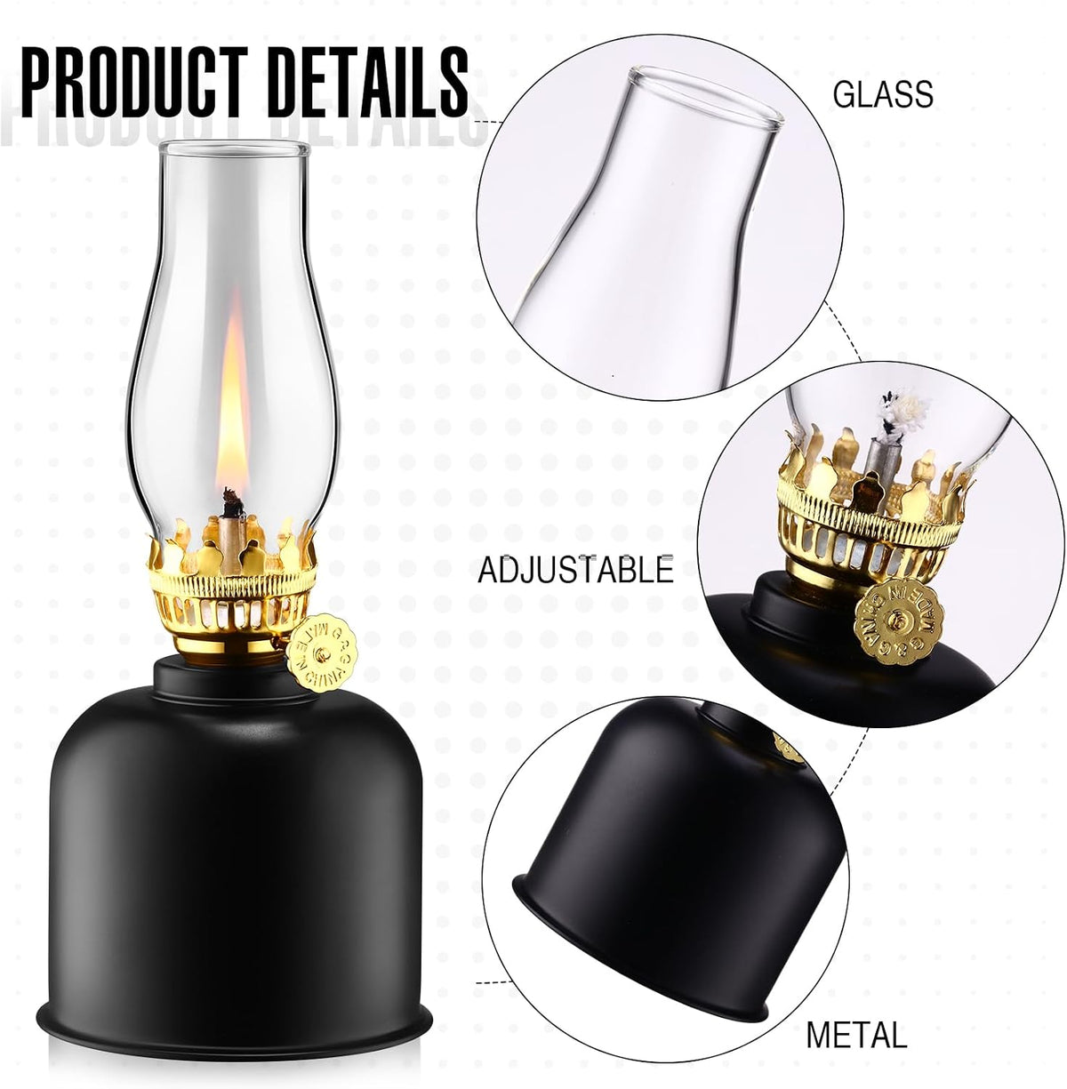 Tujoe oil lamp black metal base and glass chimney