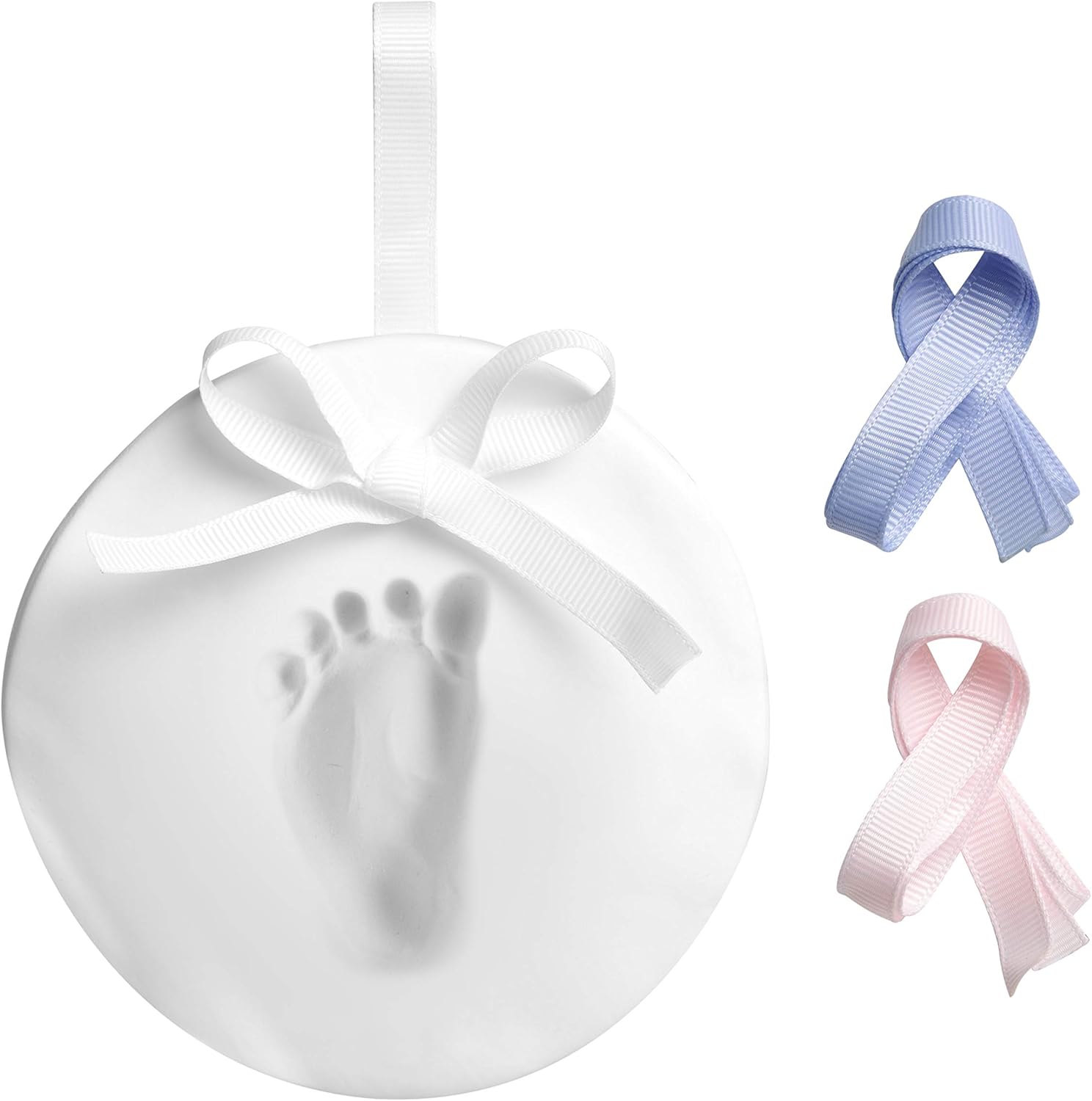 Pearhead baby handprint kit front view showing white round clay ornament with footprint impression.