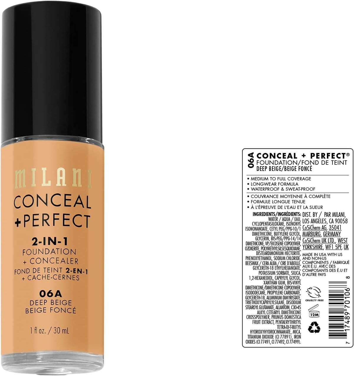 Milani 06A Deep Beige foundation bottle close up