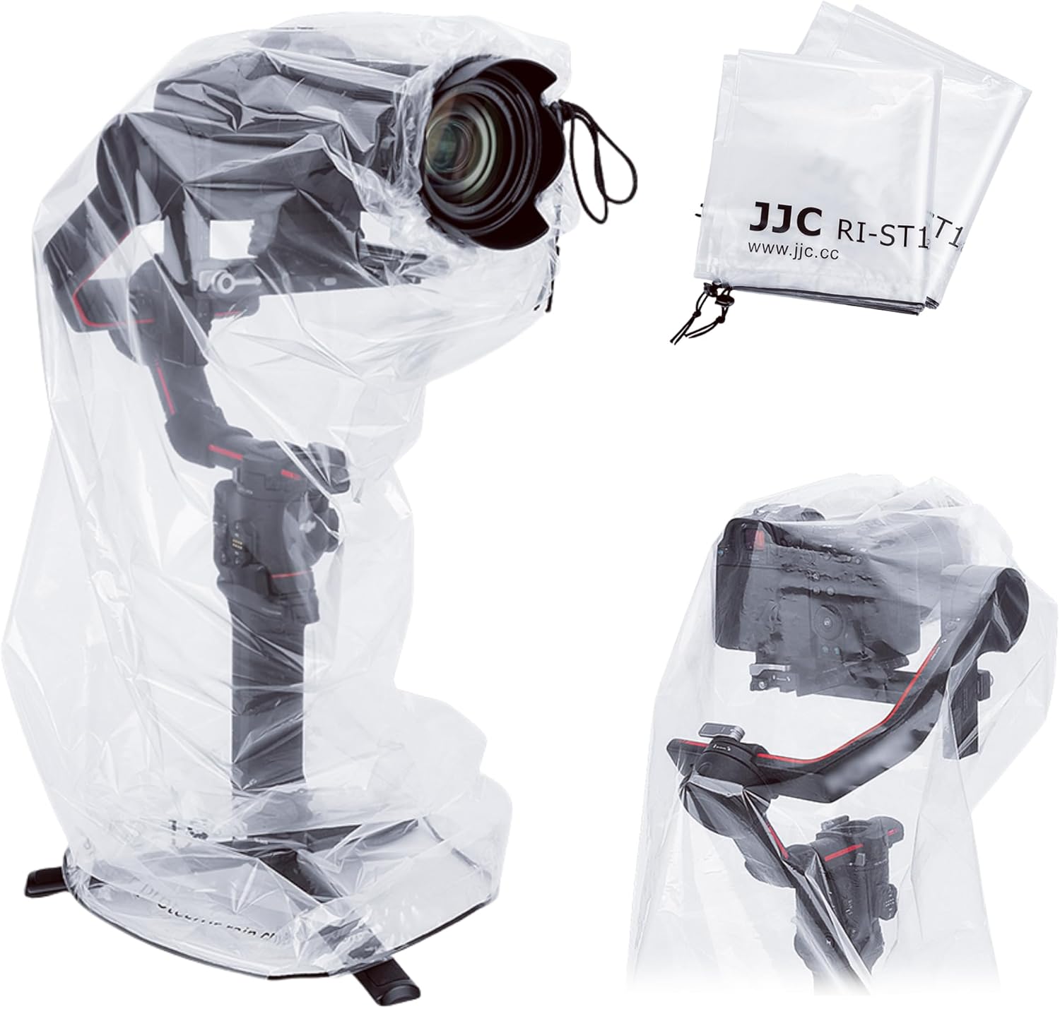 JJC camera stabilizer rain cover front view showing clear waterproof plastic sleeve protecting a handheld gimbal setup.