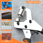 Close-up view of the precision plier nose and matching die for 10.5 millimeter metal eyelets.