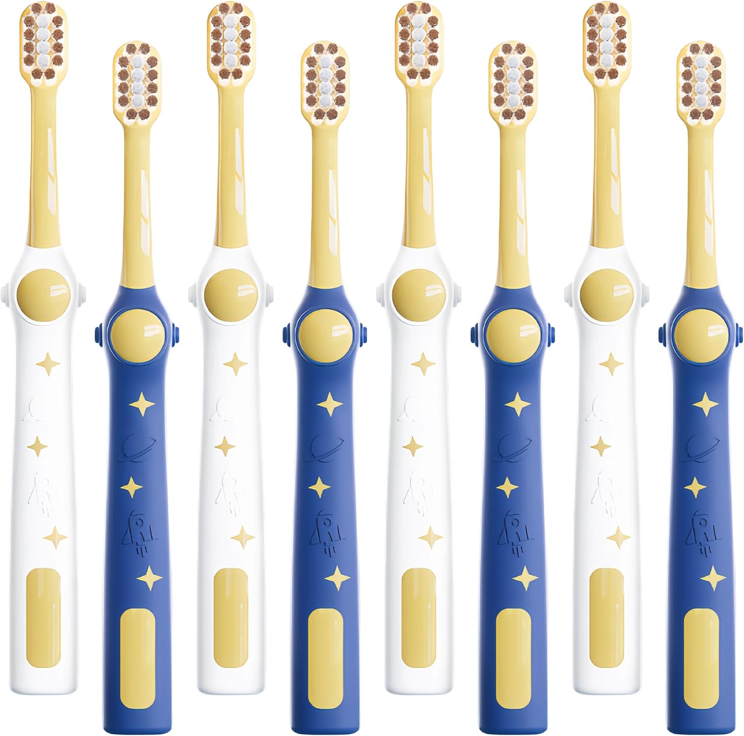 EASICUTI Extra Soft Kids Toothbrush 8 pack front view featuring blue and white space rocket designs for toddler oral care.