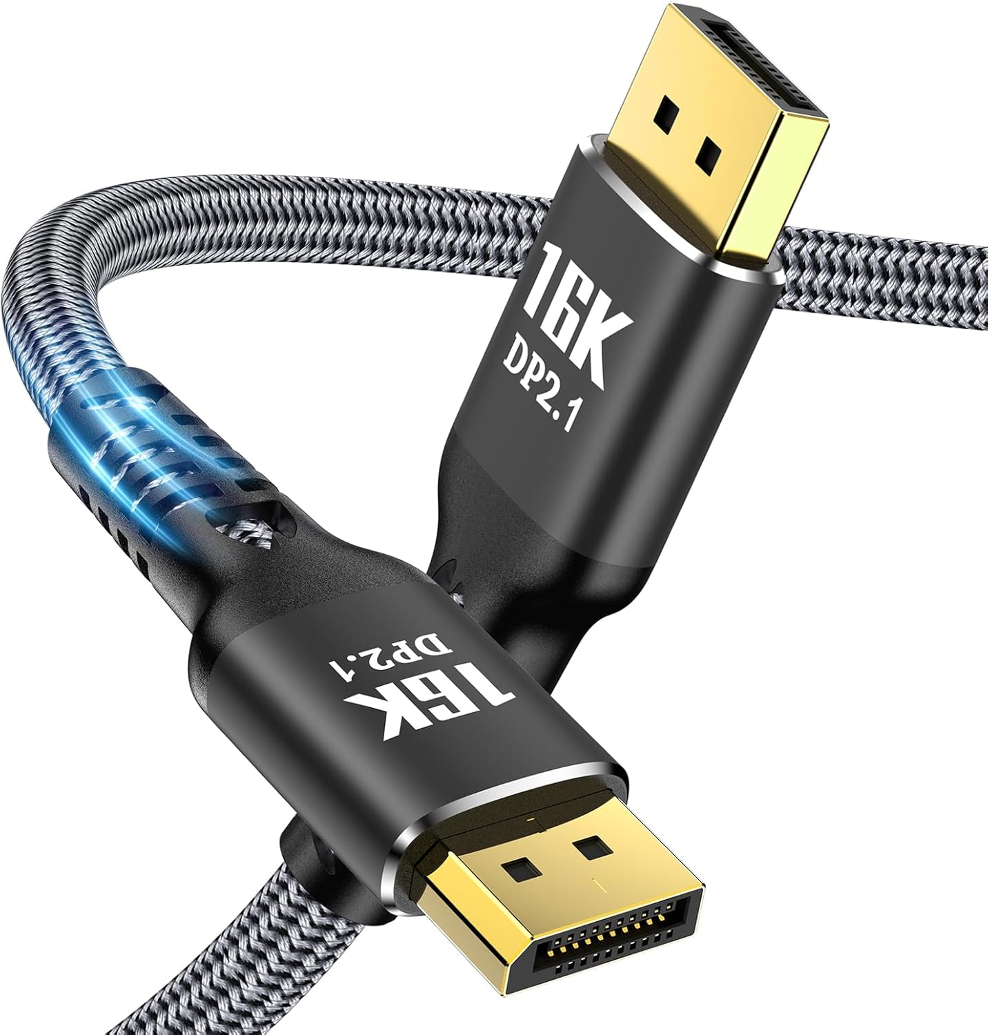 Angusplay DisplayPort Cable 2.1 fifteen feet front view showcasing gold-plated connector