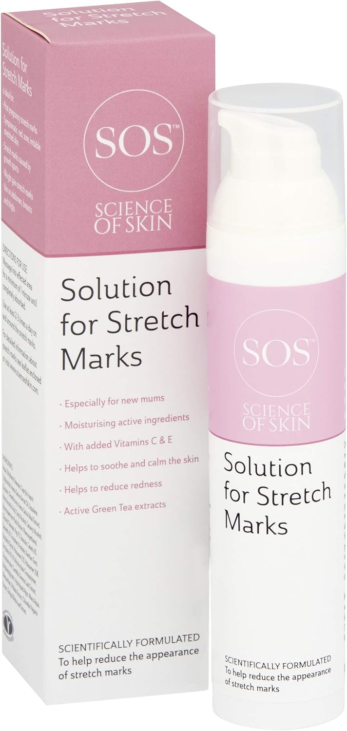 SOS Science of Skin Solution for Stretch Marks front view bottle and packaging