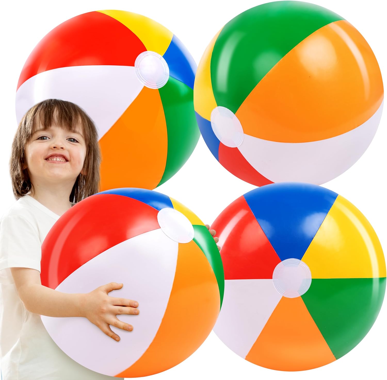 JOYIN Pack of 4 Rainbow Beach Balls front view showing vibrant inflatable multi-colored panels for pool games.