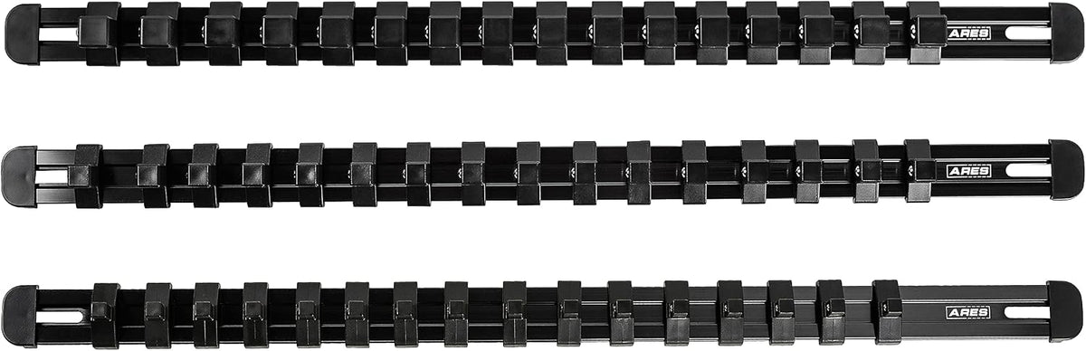 ARES black aluminum tool rail mounted on wall