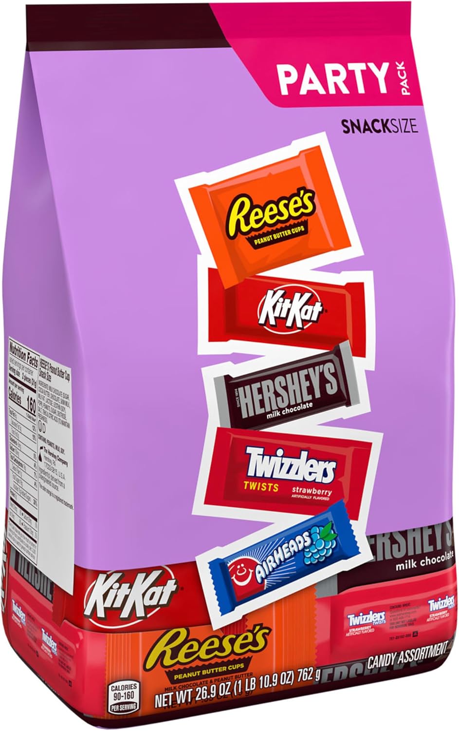 Individually wrapped Reese's, Kit Kat, and Hershey's snack size pieces displayed outside the party pack packaging
