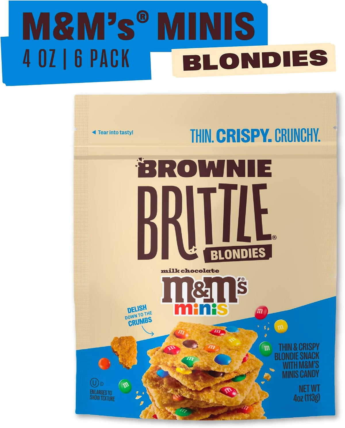 Crispy blondie thin sweet snacks with colorful miniature chocolate candies close up view
