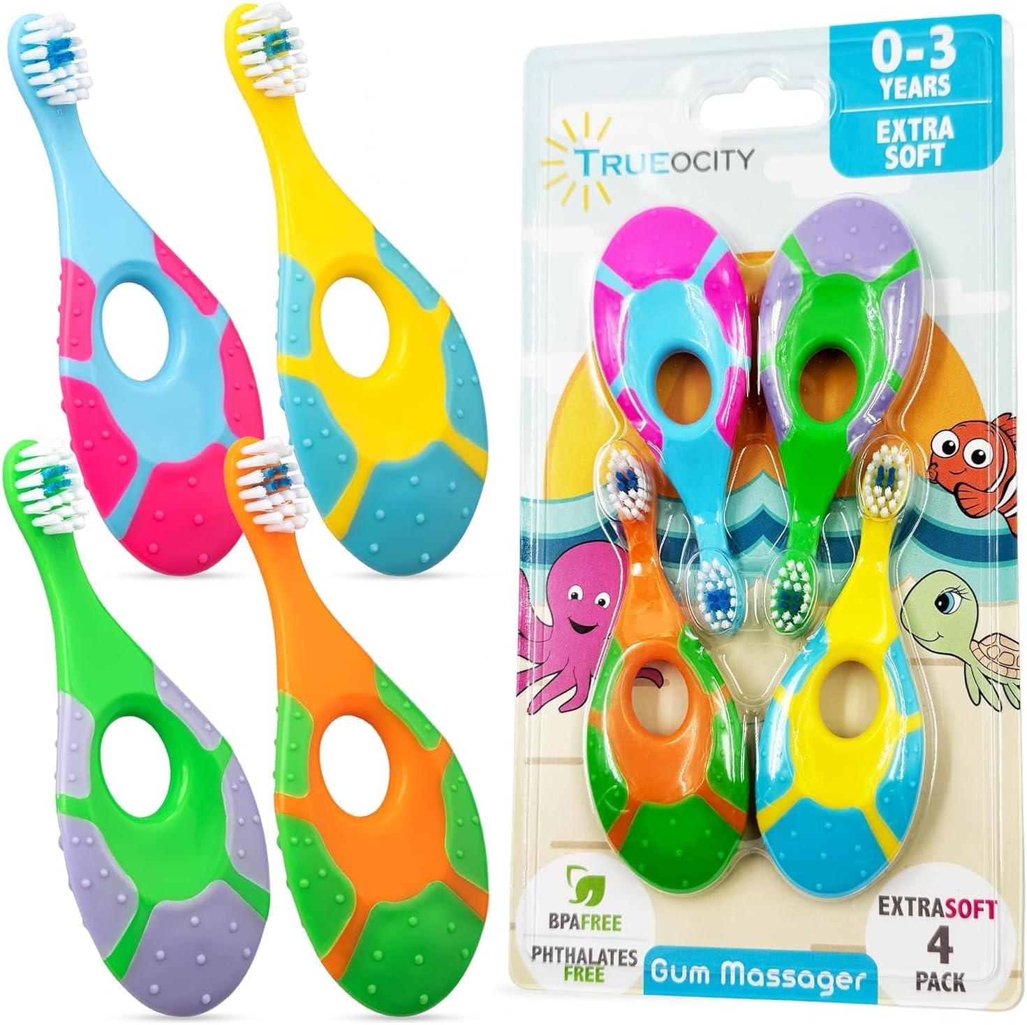 Trueocity Baby Toothbrush 4-pack front view showing multi-color set for toddlers.