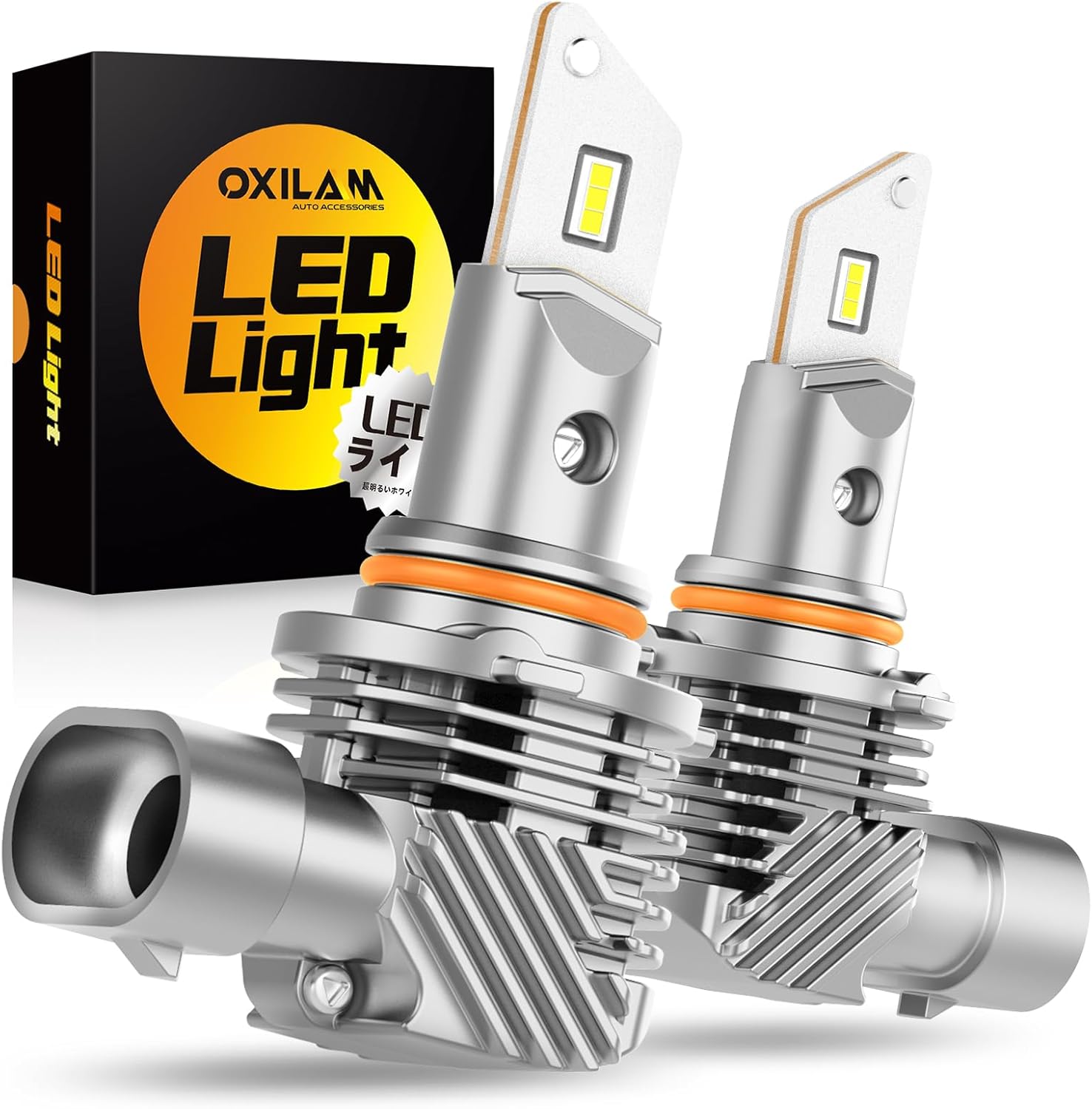Oxilam 9005 LED headlight bulbs two pack front view highlighting the compact wireless design.