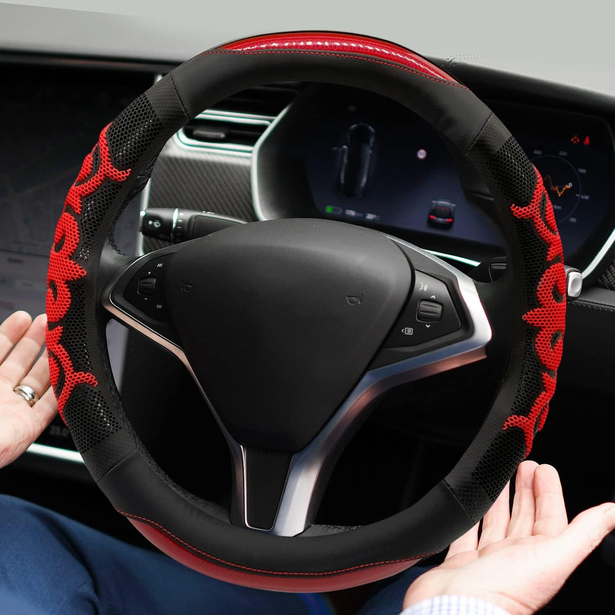 Sport Grip Style Dark Red Leather Steering Wheel Cover,Black ,Universal Fit 14.5-15.25 inch Steering Wheel - Image 10