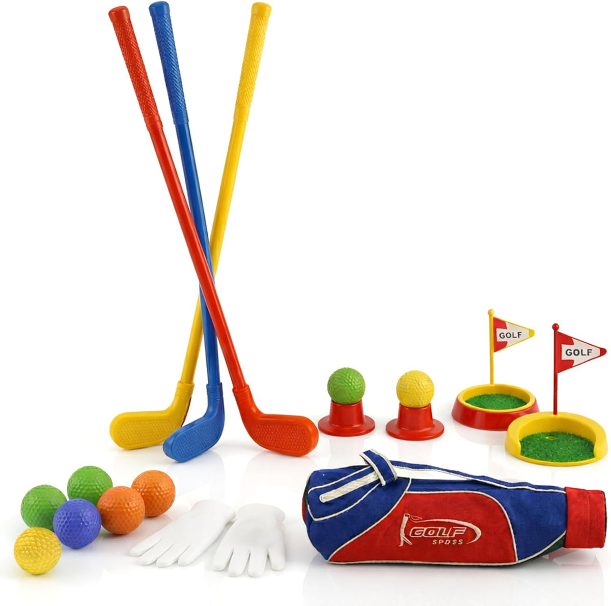 Atlasonix toddler golf set front view with clubs and bag