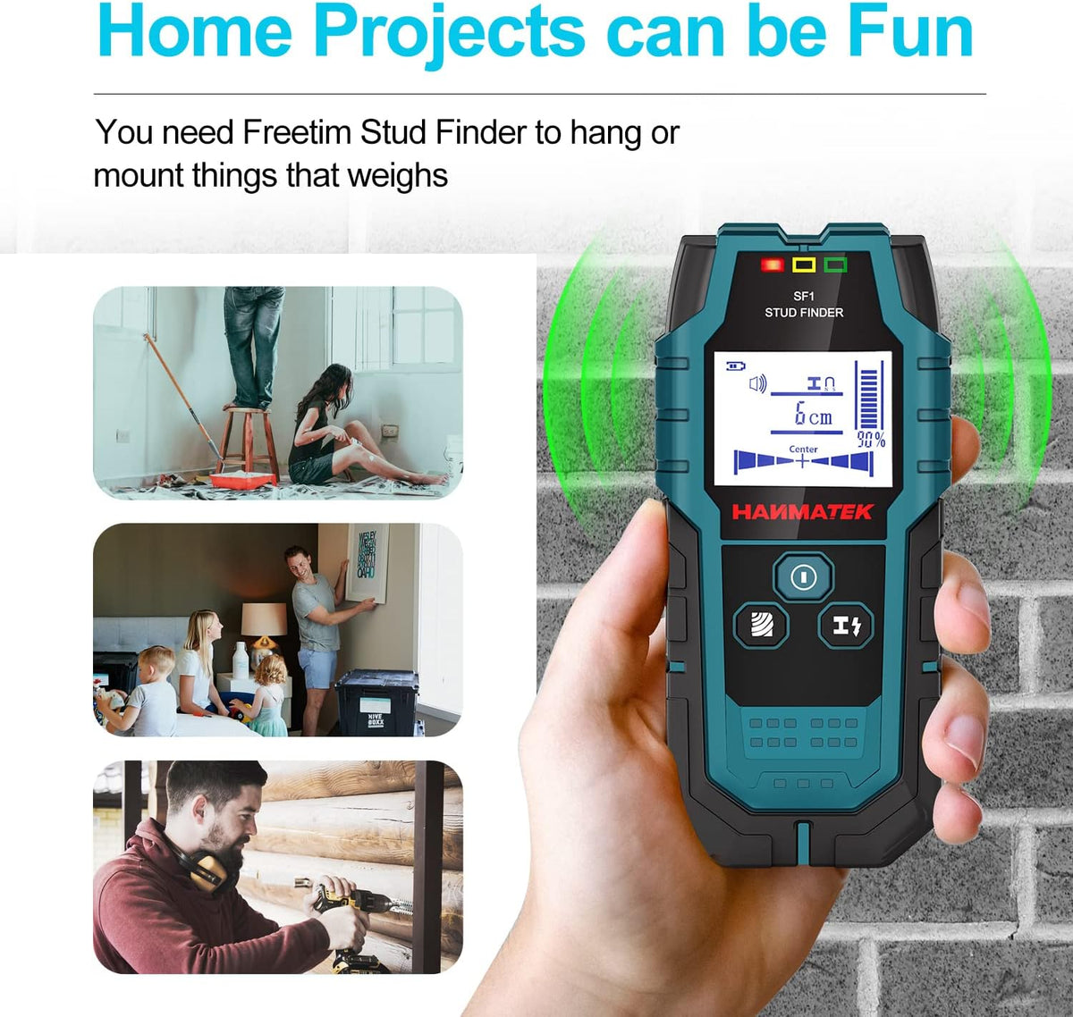 HANMATEK stud finder showing 3-color LED indicator lights