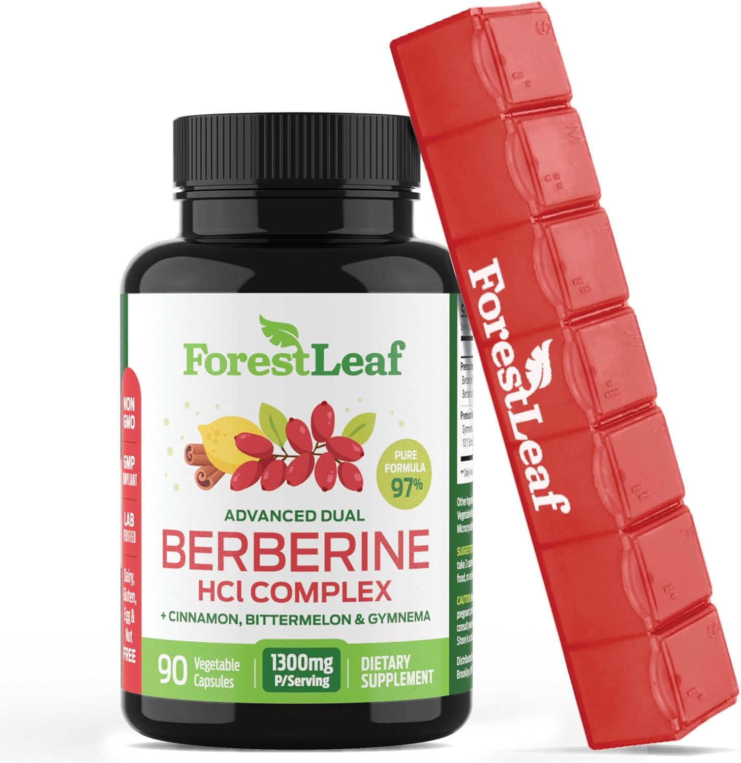 ForestLeaf Advanced Dual Berberine HCl Berberine Supplement 1300mg - 97% Tested Ultra High Potency Berberine with Ceylon Cinnamon, Bitter Melon & Gymnema (Red, 90 Count (Pack of 1)) - Image 1