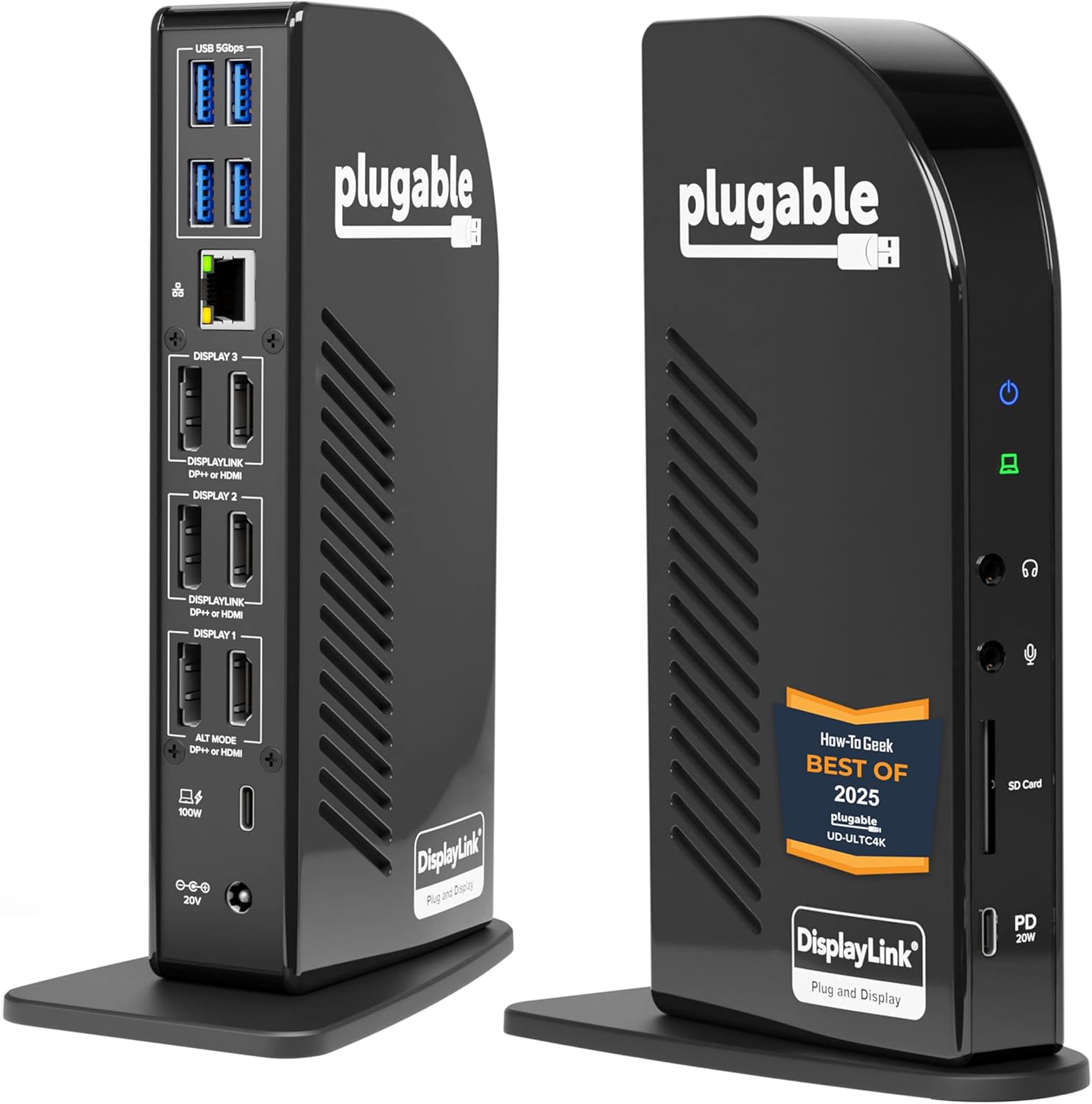 Plugable 13-in-1 USB C Docking Station vertical front view showing ports