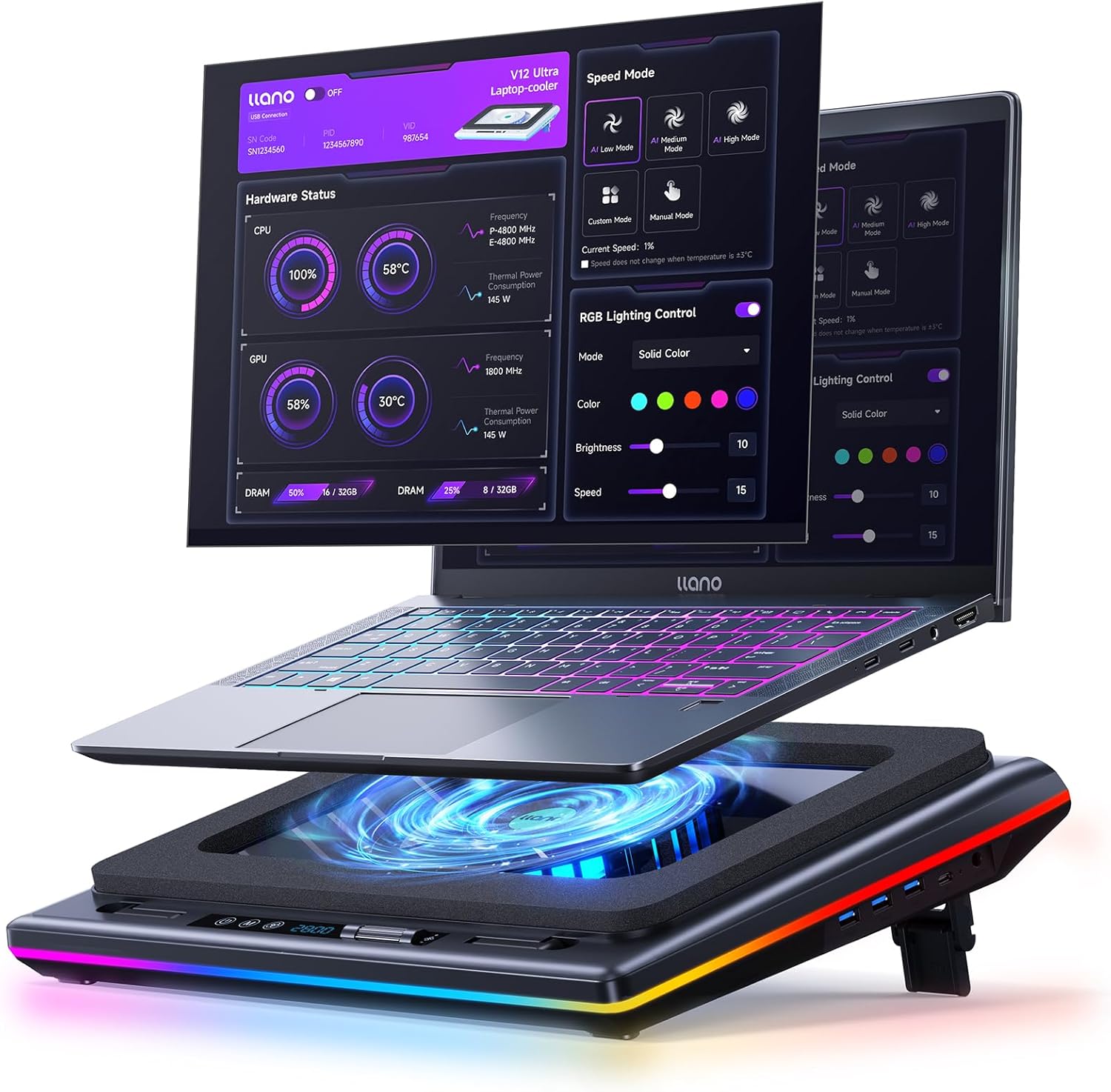 Llano V12 Ultra Laptop Cooling Pad front view displaying the massive five point five inch turbo fan and dynamic RGB light strips.