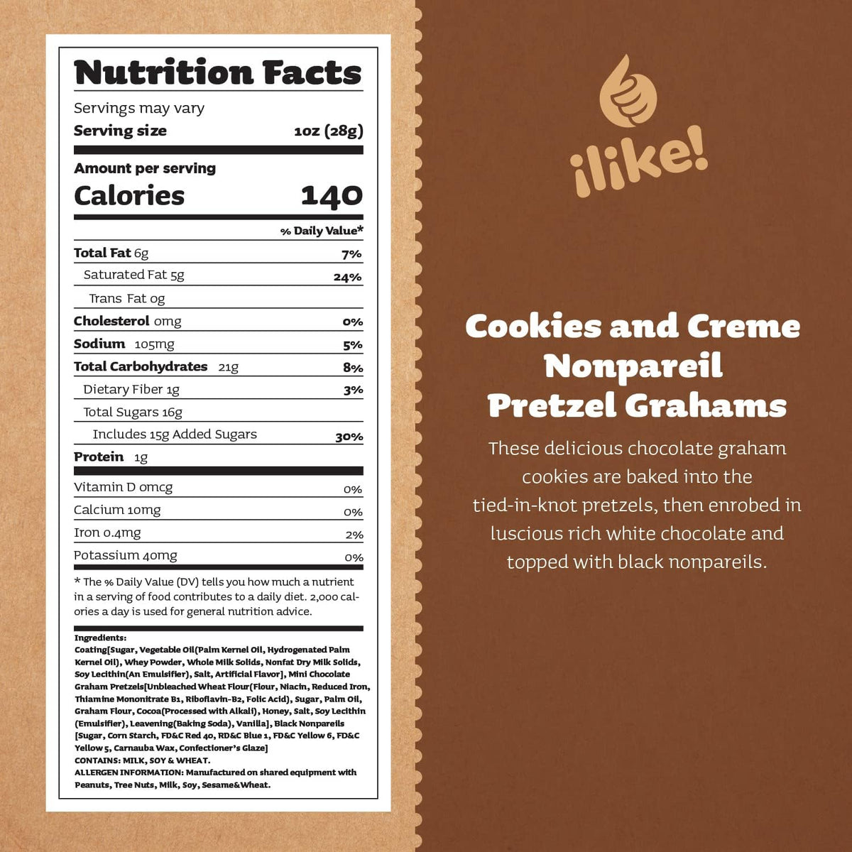 Close up of creamy white chocolate coated pretzels with graham bits