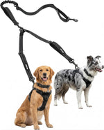 OneTigris Double Dog Leash front view showing the dual bungee layout and premium hardware for walking two pets.