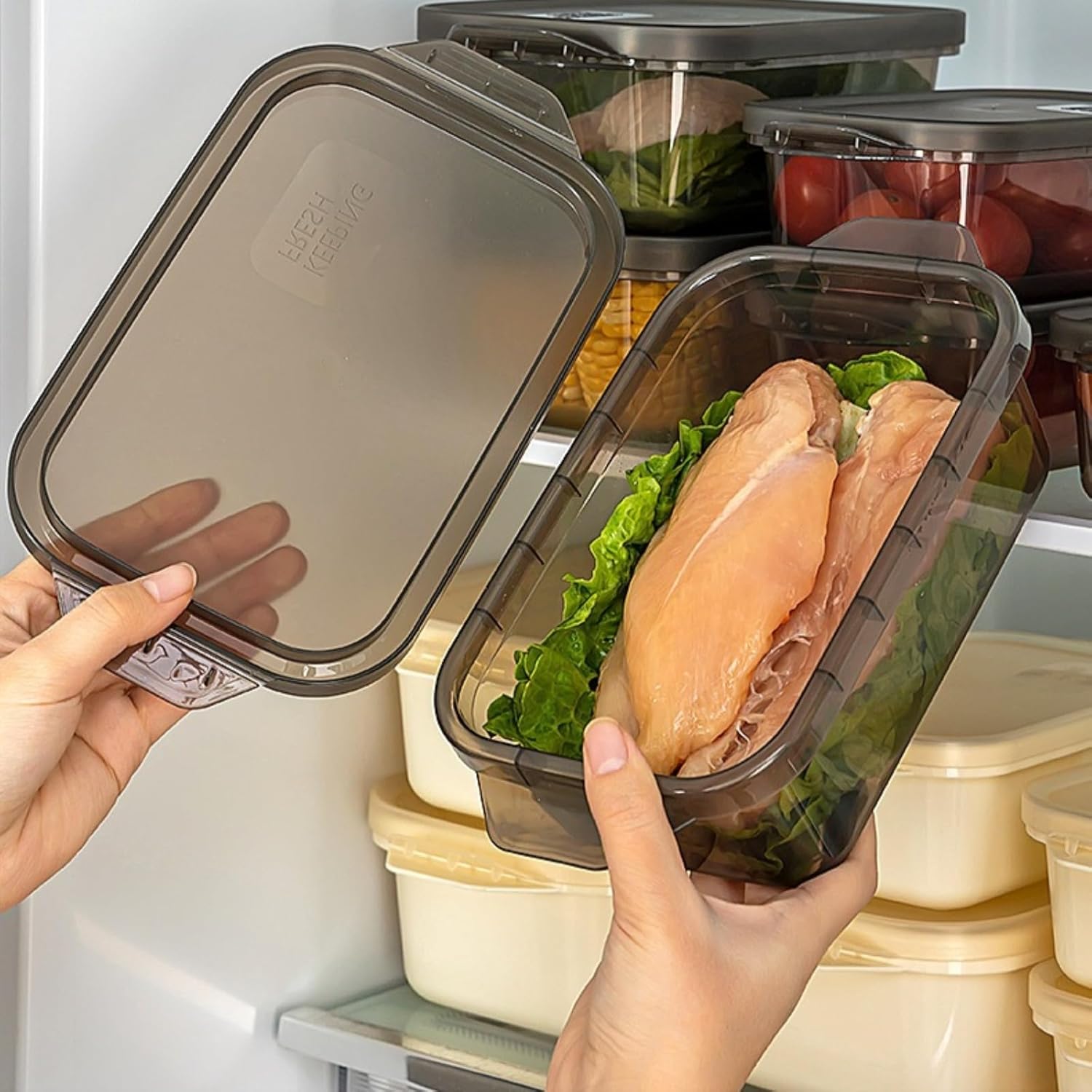 Aura multipurpose food storage container set front view showcasing translucent black airtight design for kitchen organization