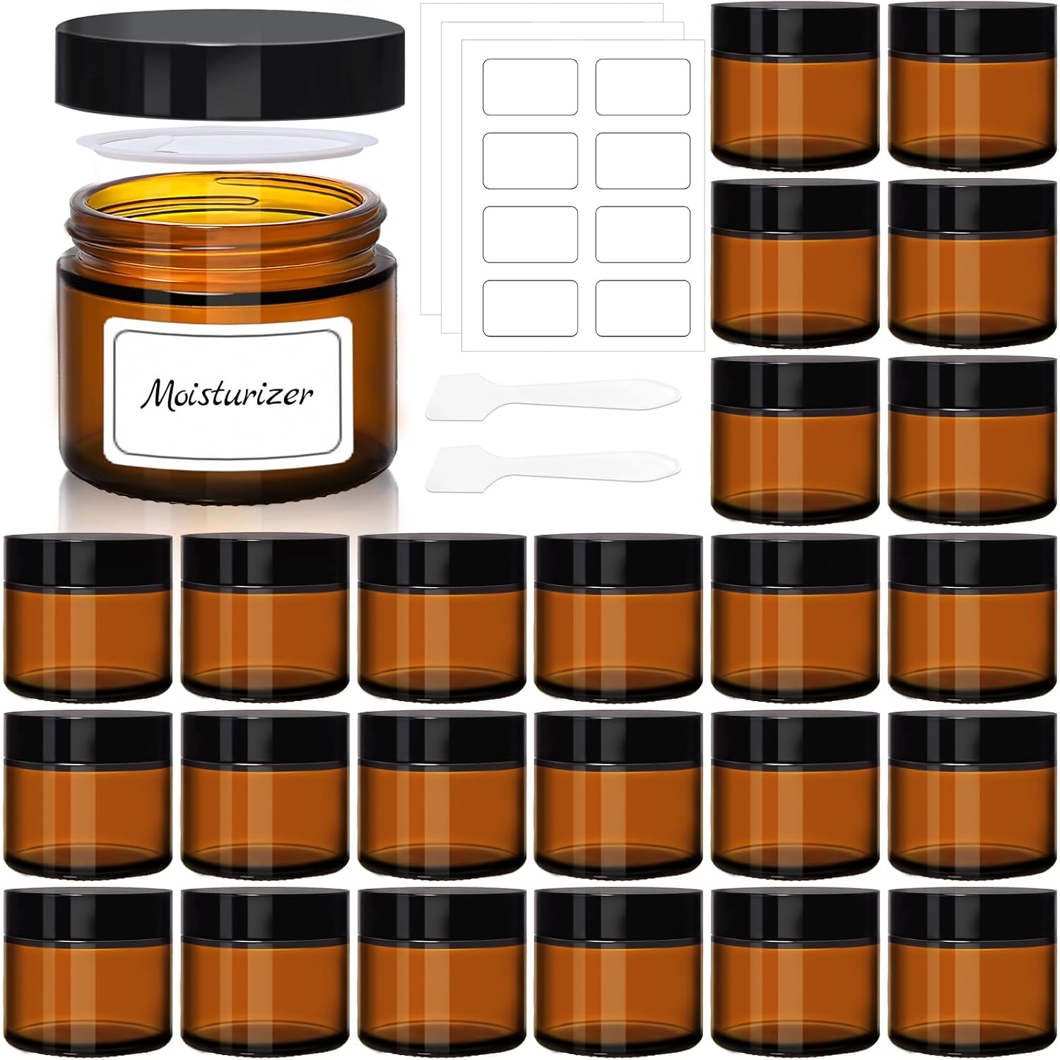 Upbud 2 Ounce Amber Glass Jars 24 Pack set with black lids