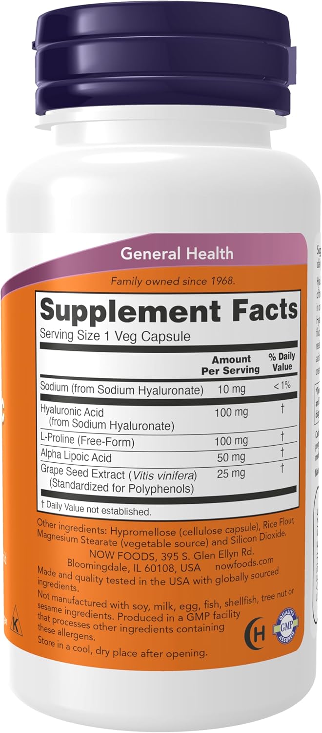 Now Foods Hyaluronic Acid bottle label showing ingredients and supplement facts