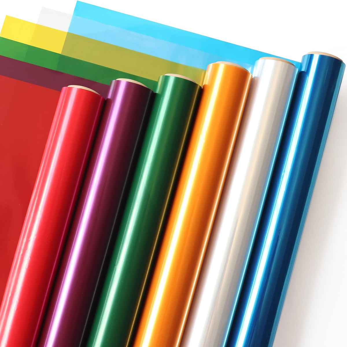 Syogua transparent colored cellophane wrap rolls in six colors front view