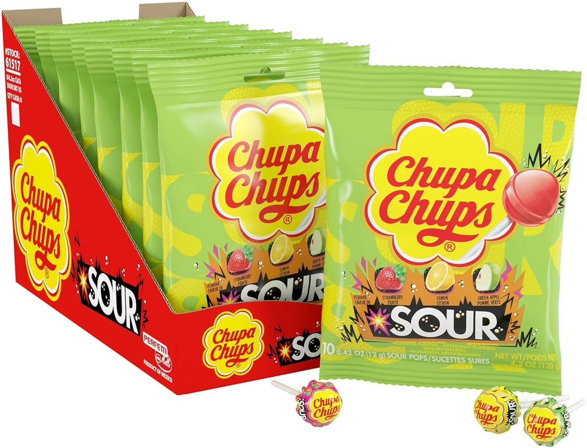 Chupa Chups SOUR Lollipops, Variety Pack, Lemon, Strawbery & Apple Flavored, Individually Wrapped Bulk Sour Candy Suckers for Adults & Kids, Bag of 25 - Image 9