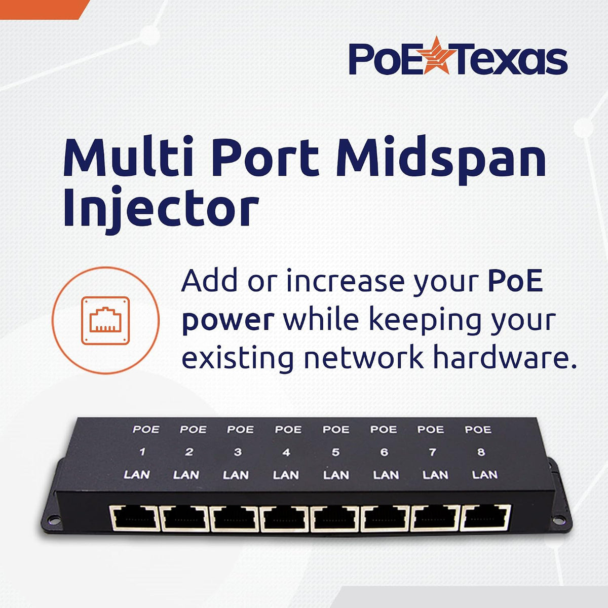 PoE Texas 8-port PoE injector rear LAN and power ports