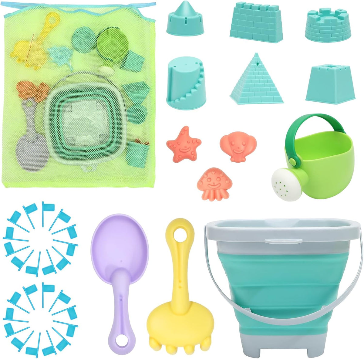 Racpnel 38-piece beach toys sand set with collapsible bucket front view