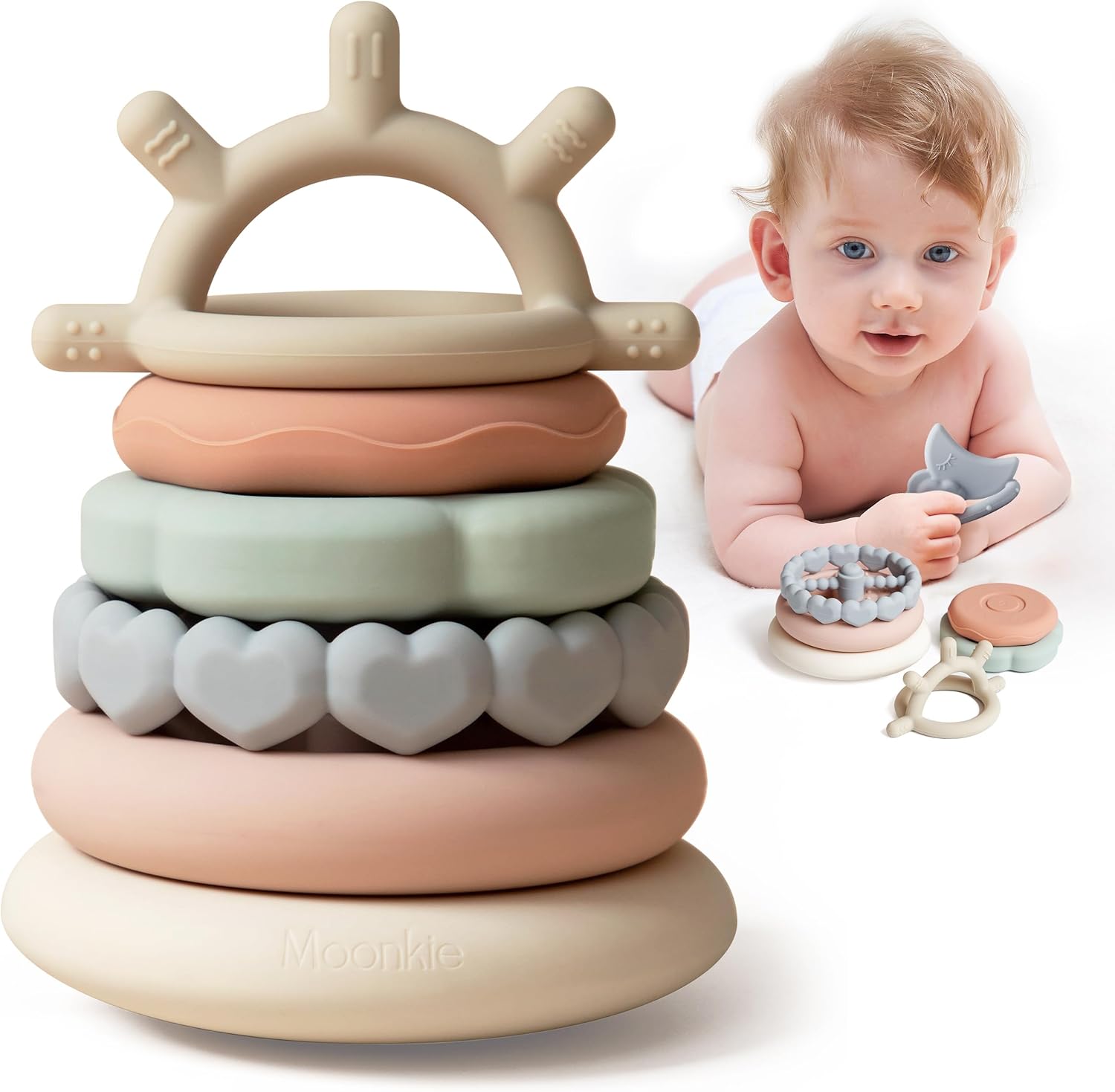 Moonkie Stacks of Circles Soft Teething Toy front view showing all 7 rings