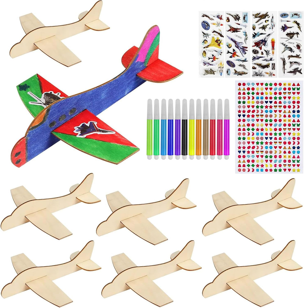 Baphile DIY wooden airplane craft kit front view showing 12 models