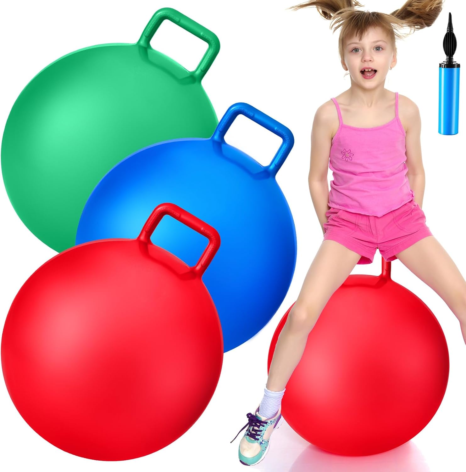 Lewtemi bouncing ball with handle front view featuring red blue green colors
