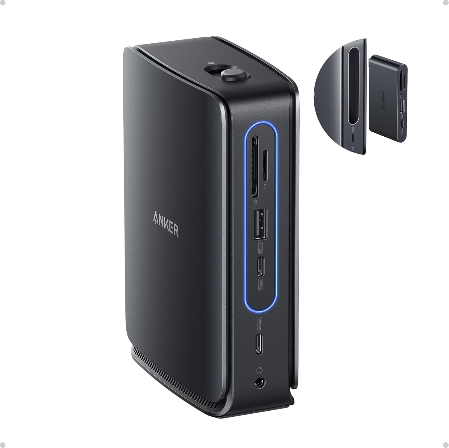 Anker Nano Laptop Docking Station front view showcasing sleek grey design and compact detachable hub module.