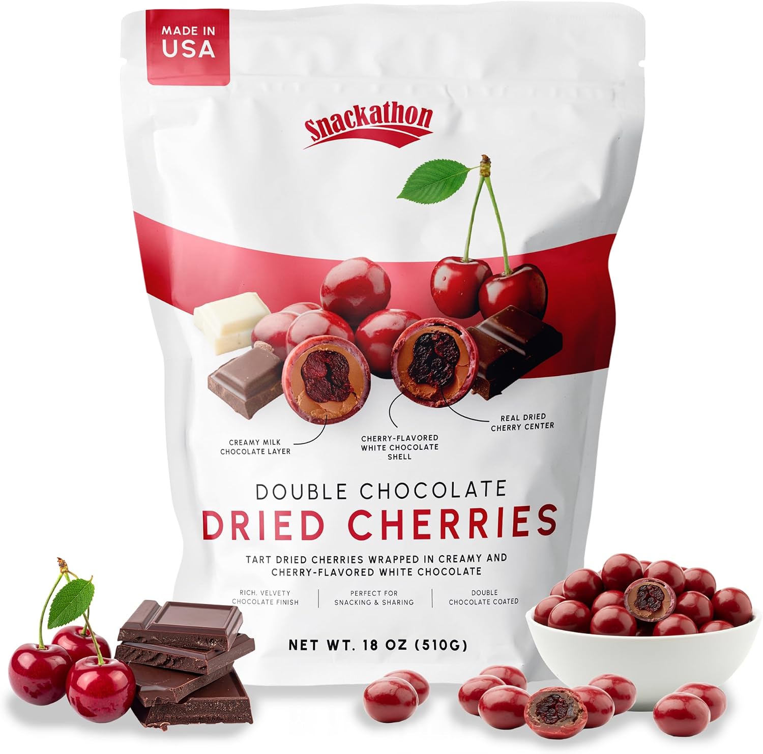 Snackathon Double Chocolate Covered Cherries, 18 OZ Resealable Bulk Bag, Tart Dried Red Cherries Coated in Creamy Milk Chocolate & White Chocolate, Indulgent for Snacking & Gifting - Image 1