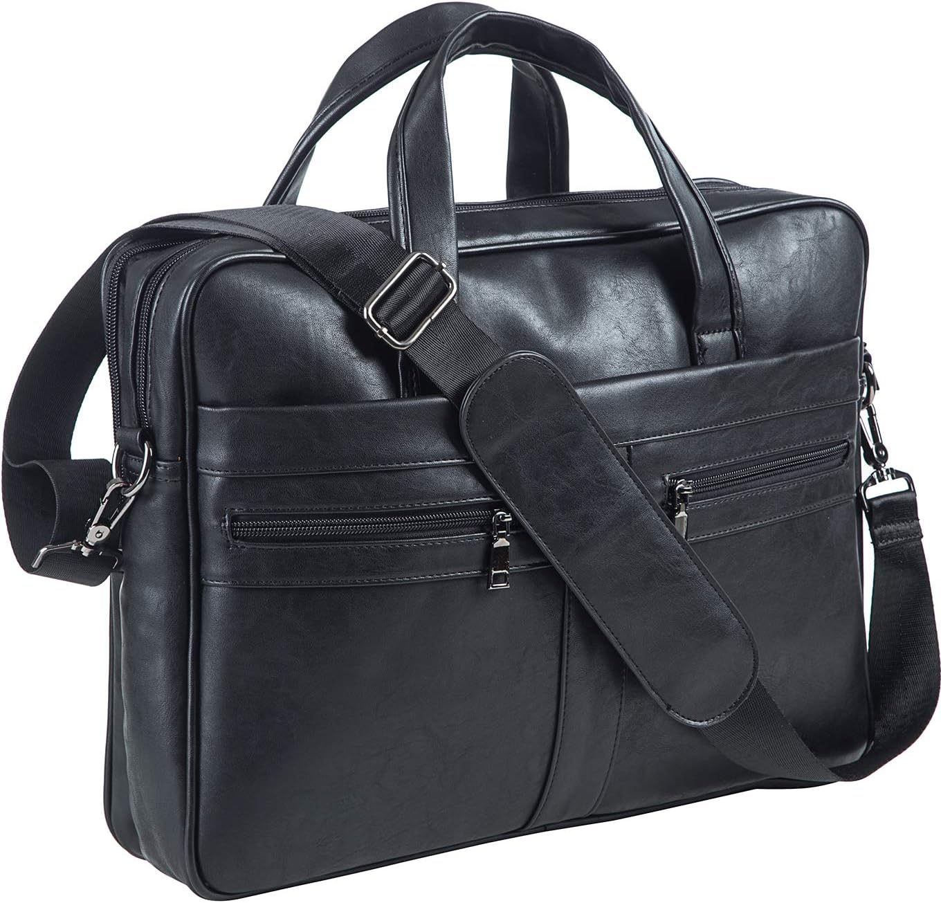 Seyfocnia Men Leather Messenger Bag front view showing premium black water resistant exterior for business use