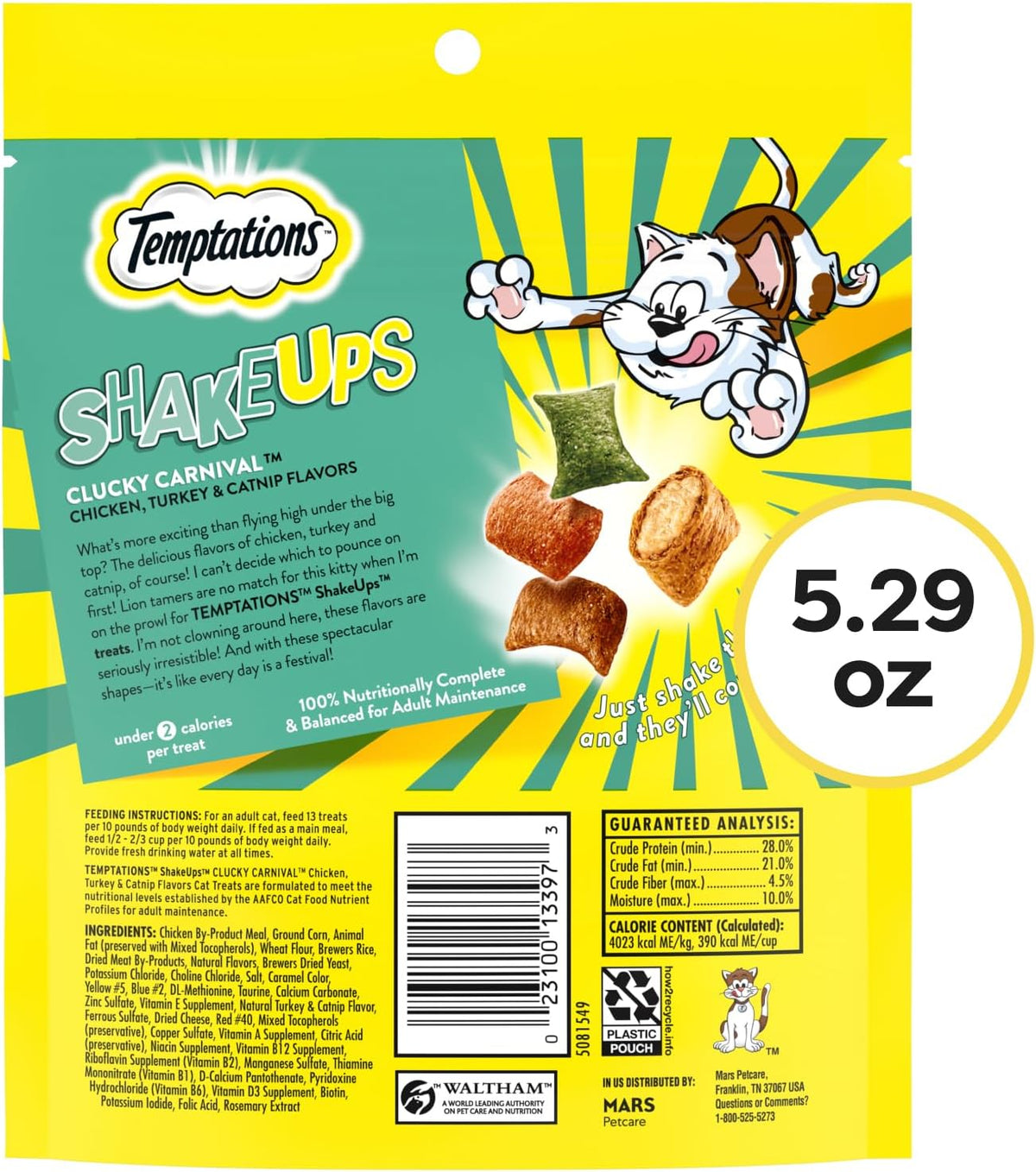 Resealable pouch of crunchy and soft cat treats containing chicken and turkey flavors