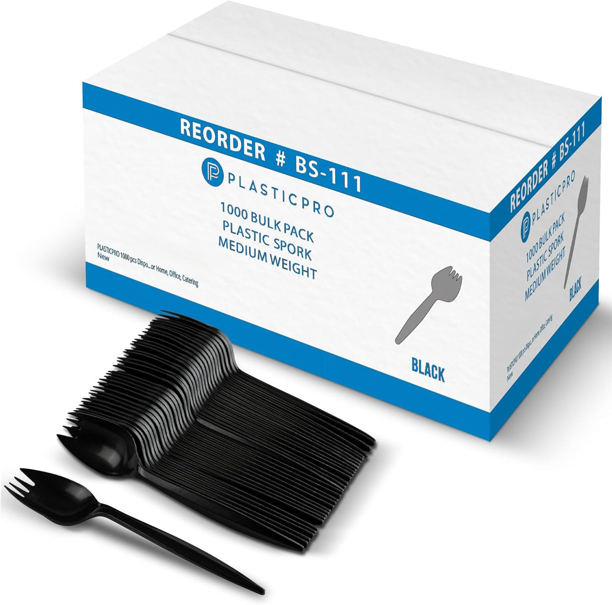Plasticpro disposable plastic sporks front view of bulk packaging
