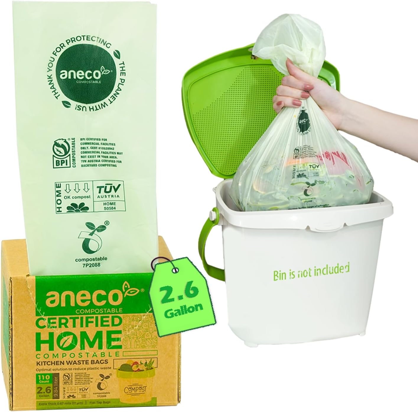 ANECO 100% Compostable Waste Bags 2.6 Gallon 110 Count front view sustainable kitchen waste management.