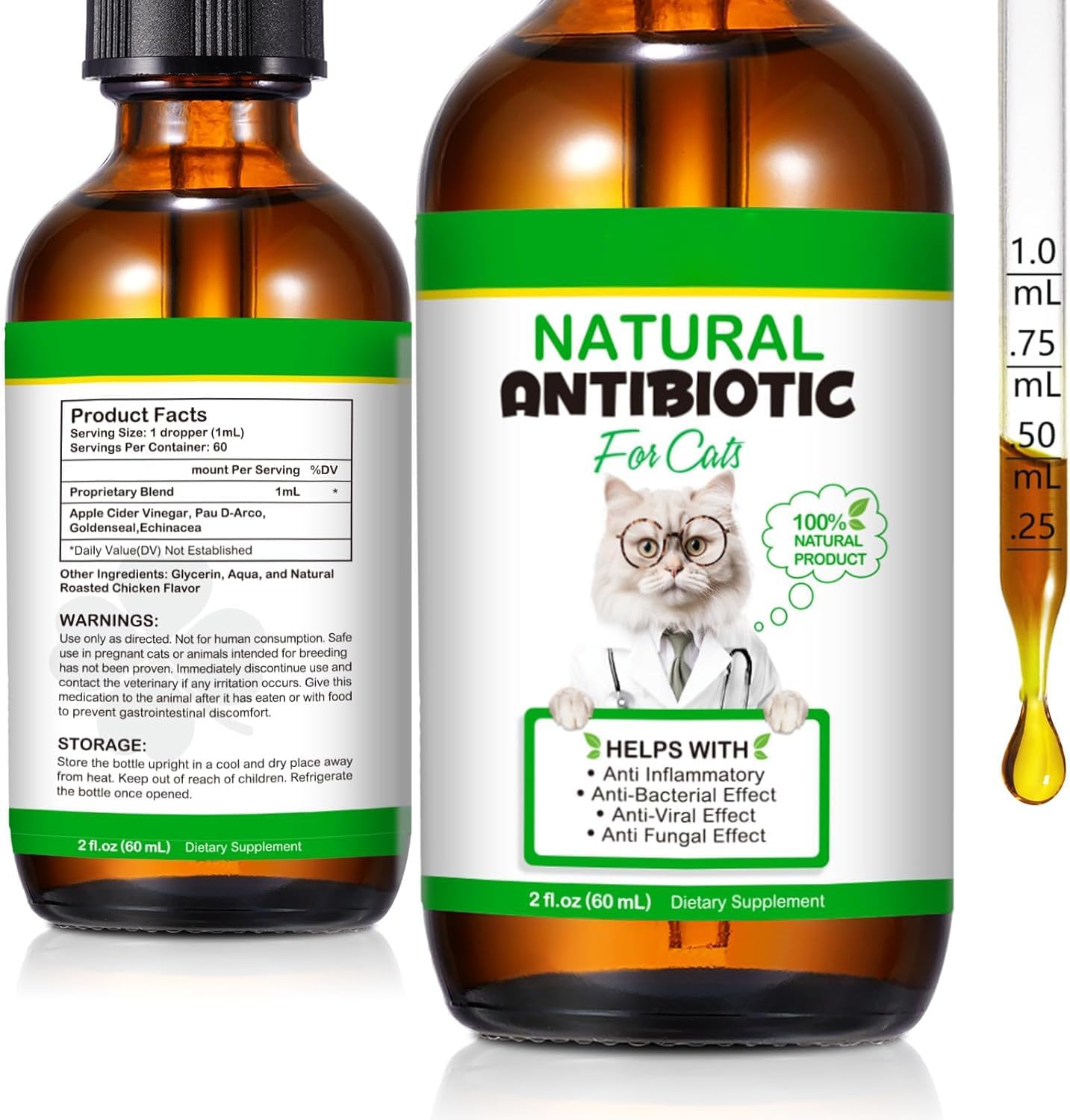 NenMaoKeNu natural antibiotics supplement for cats front view bottle showcasing chicken flavor icon