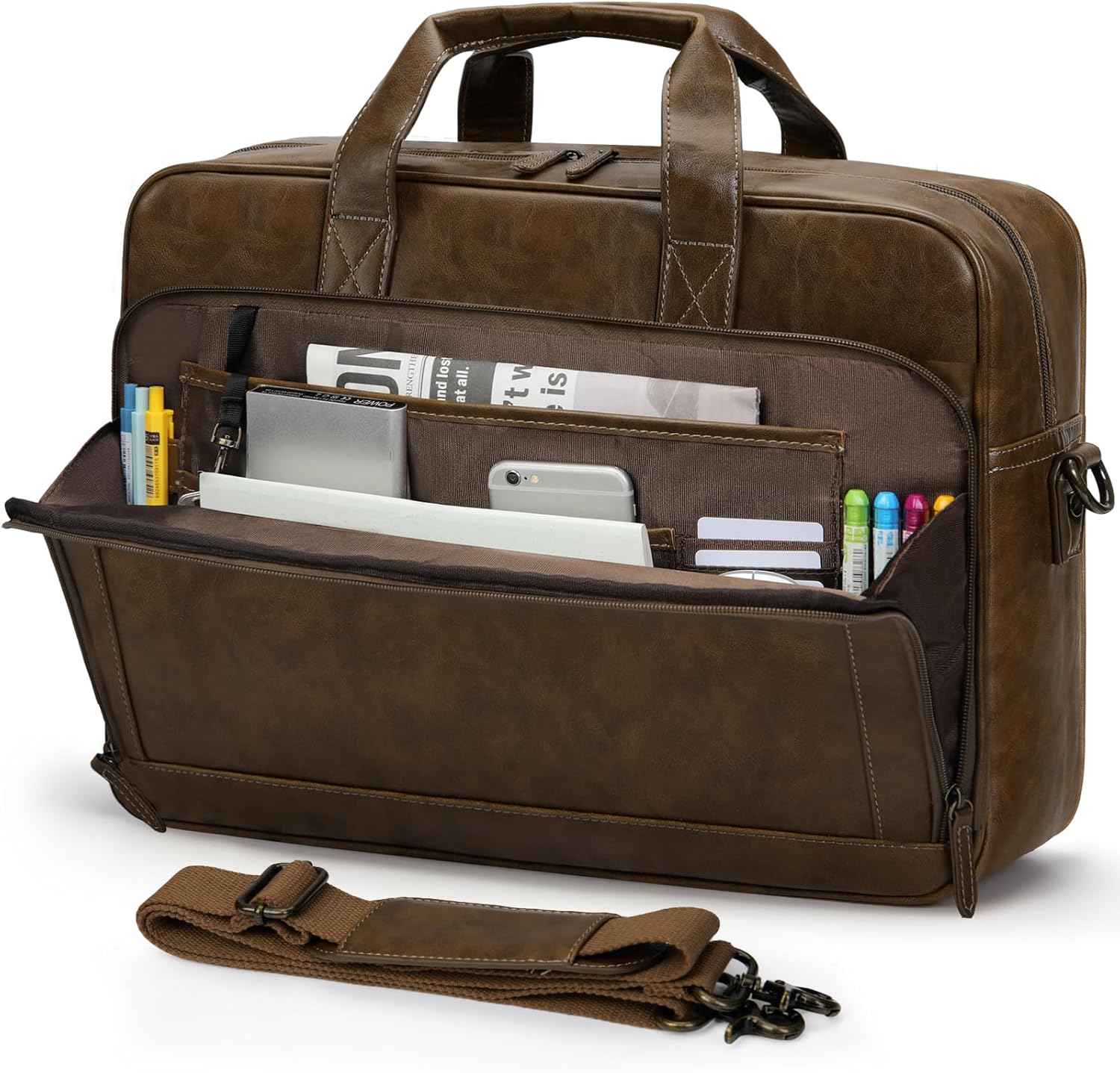 RAINSMORE mens laptop bag brown leather briefcase front view showing vintage design for office