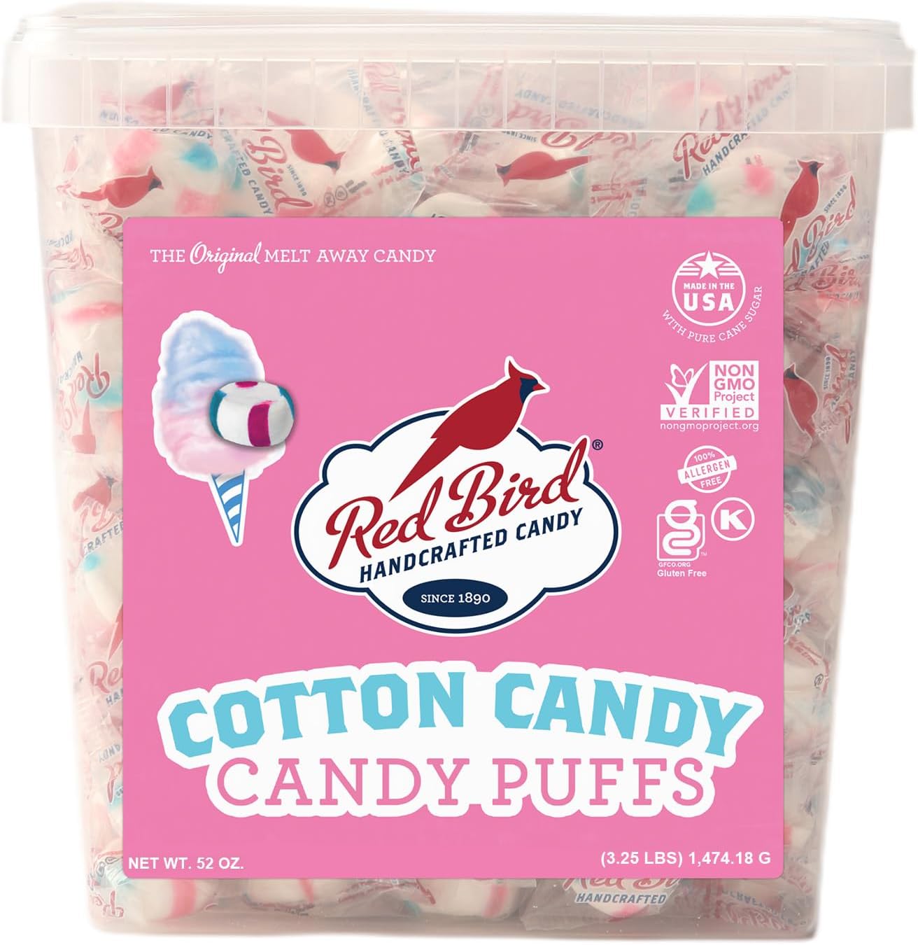 Red Bird Cotton Candy Puff Mints fifty-two ounce tub front view
