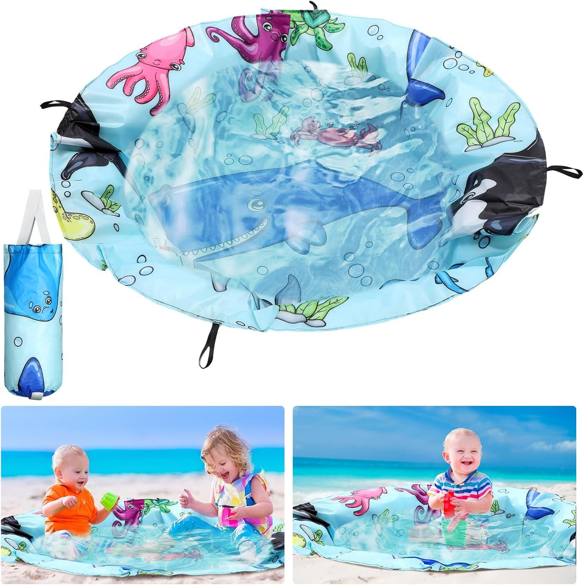 Tondiamo 2-in-1 baby beach pool and blanket front view showing colorful ocean graphics.
